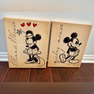 Vintage Mickey and Minnie Mouse Canvas Art on Wooden Frame. 14”x11”1.25”